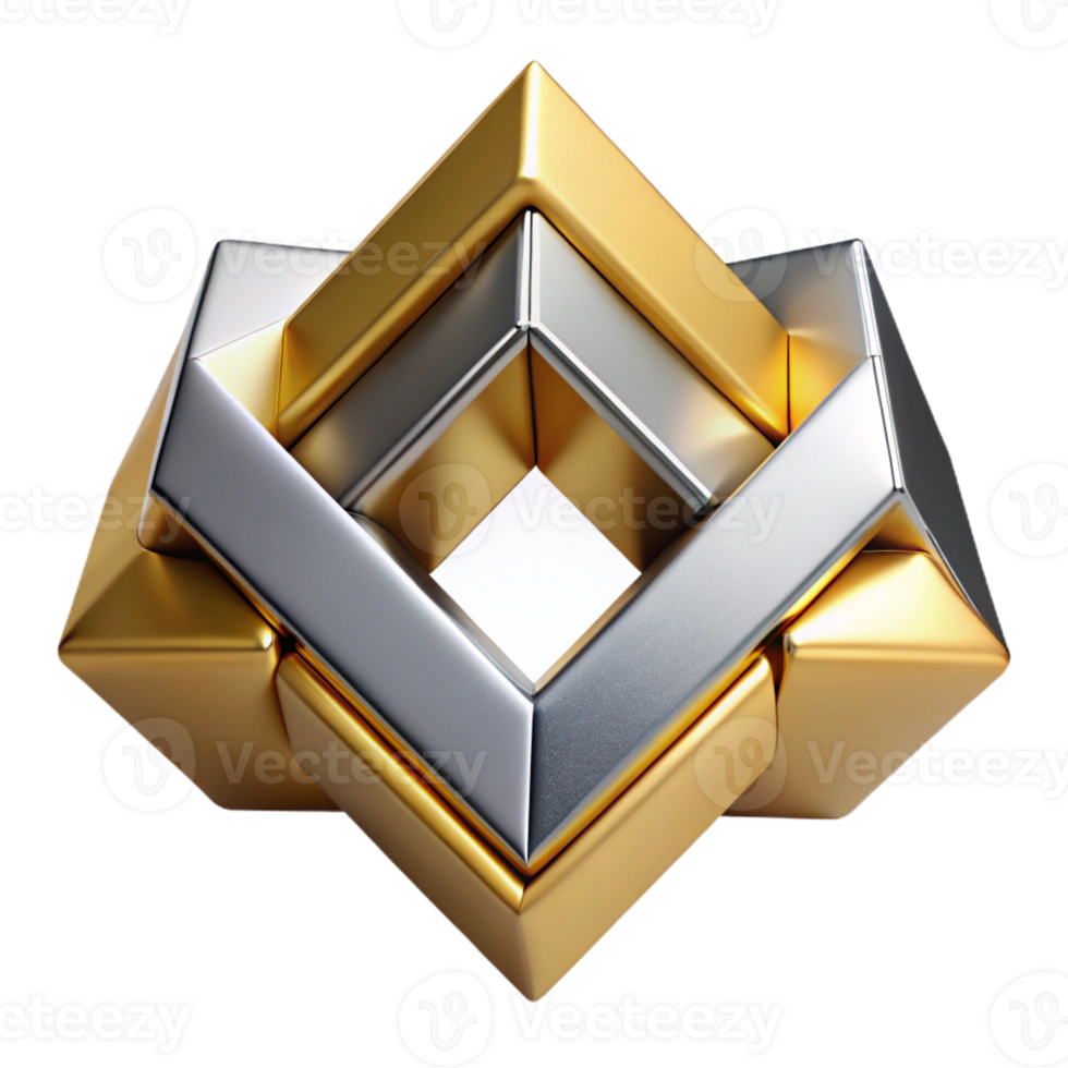 vibrant minimalist Interlocking geometric shapes of polished chrome and brushed gold, with sharp, contrasting shadows from a single, directional light source, art deco style genuine png