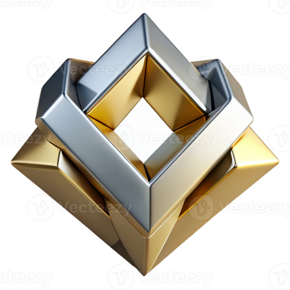 vibrant modern Interlocking geometric shapes of polished chrome and brushed gold, with sharp, contrasting shadows from a single, directional light source, art deco style professional png