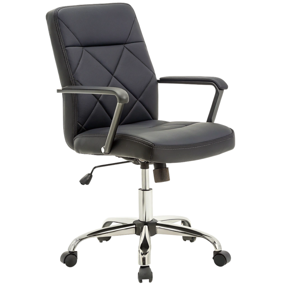 Elegant Black Leather Office Chair with Diamond Pattern and Chrome Base png