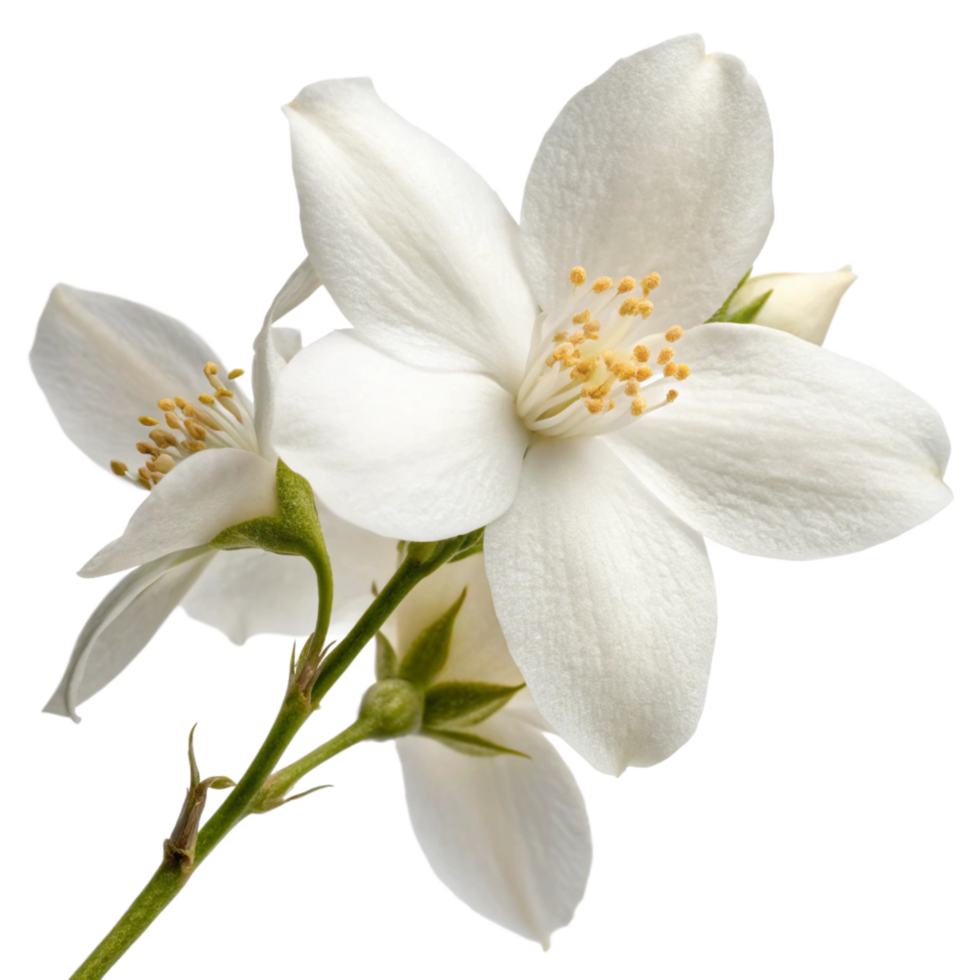 Closeup of a Delicate Branch of White Jasmine Flowers with Green Stems and Buds png