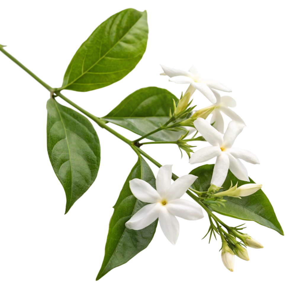 Closeup of a Jasmine Branch with Delicate White Blossoms and Vibrant Green Leaves against a Black Background png