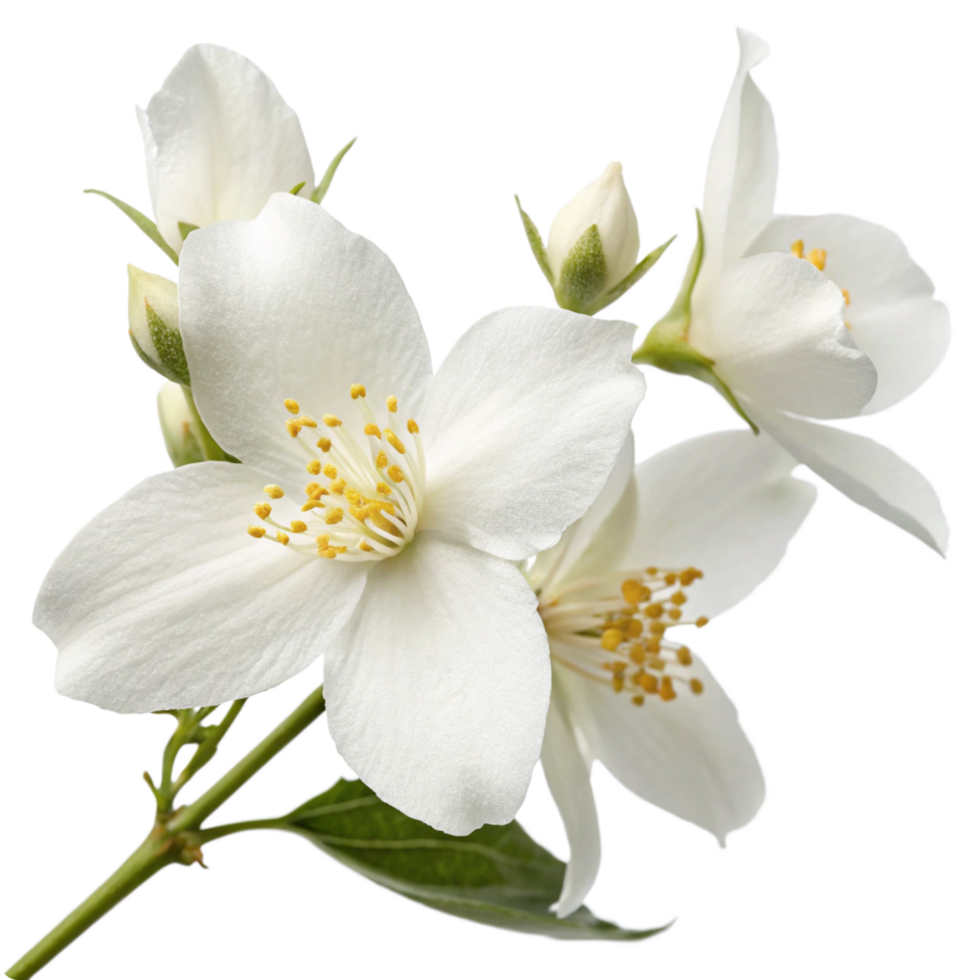 Closeup of a cluster of fragrant white jasmine blossoms with green leaves and buds png