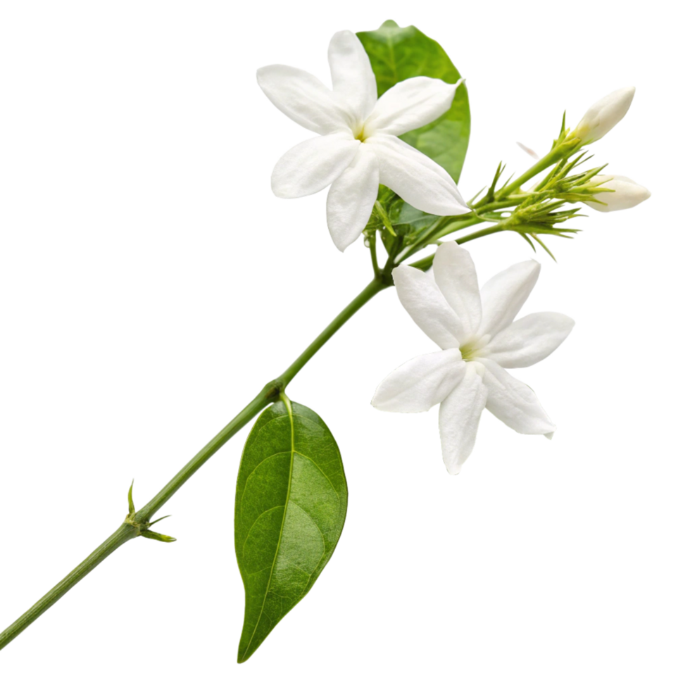Closeup of a Jasmine Flower Branch with Blossoms and Buds Against a Black Background png