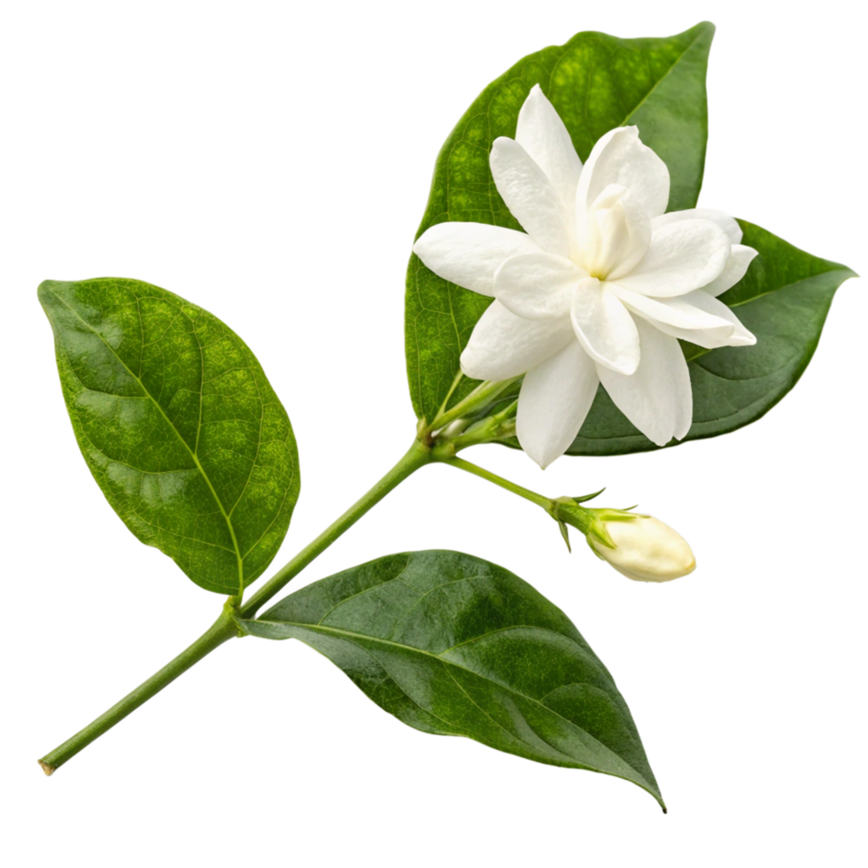 Closeup of a Single White Jasmine Flower with Green Leaves on a Black Background png