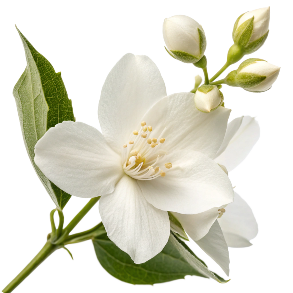 Closeup of a Beautiful Jasmine Flower Blossom with Buds and Green Leaves on Black Background png