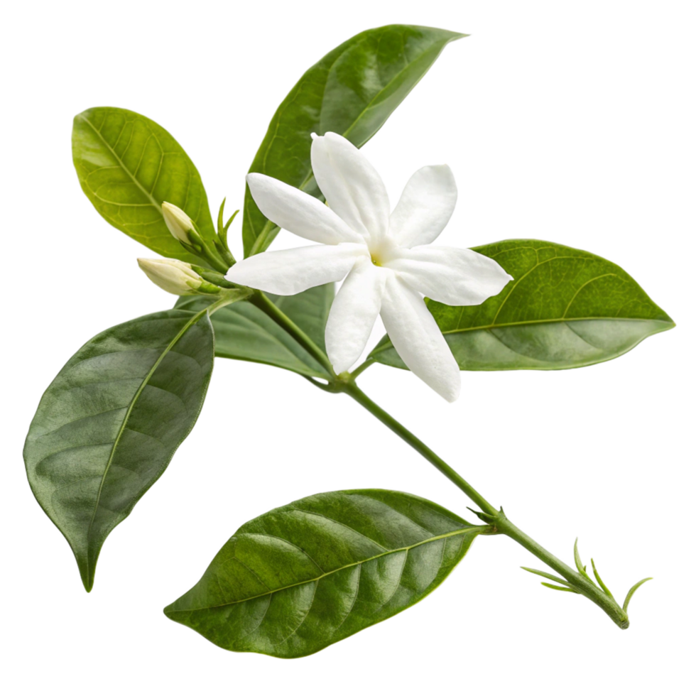 Closeup of a Single White Jasmine Flower Blossom with Green Leaves on a Black Background png