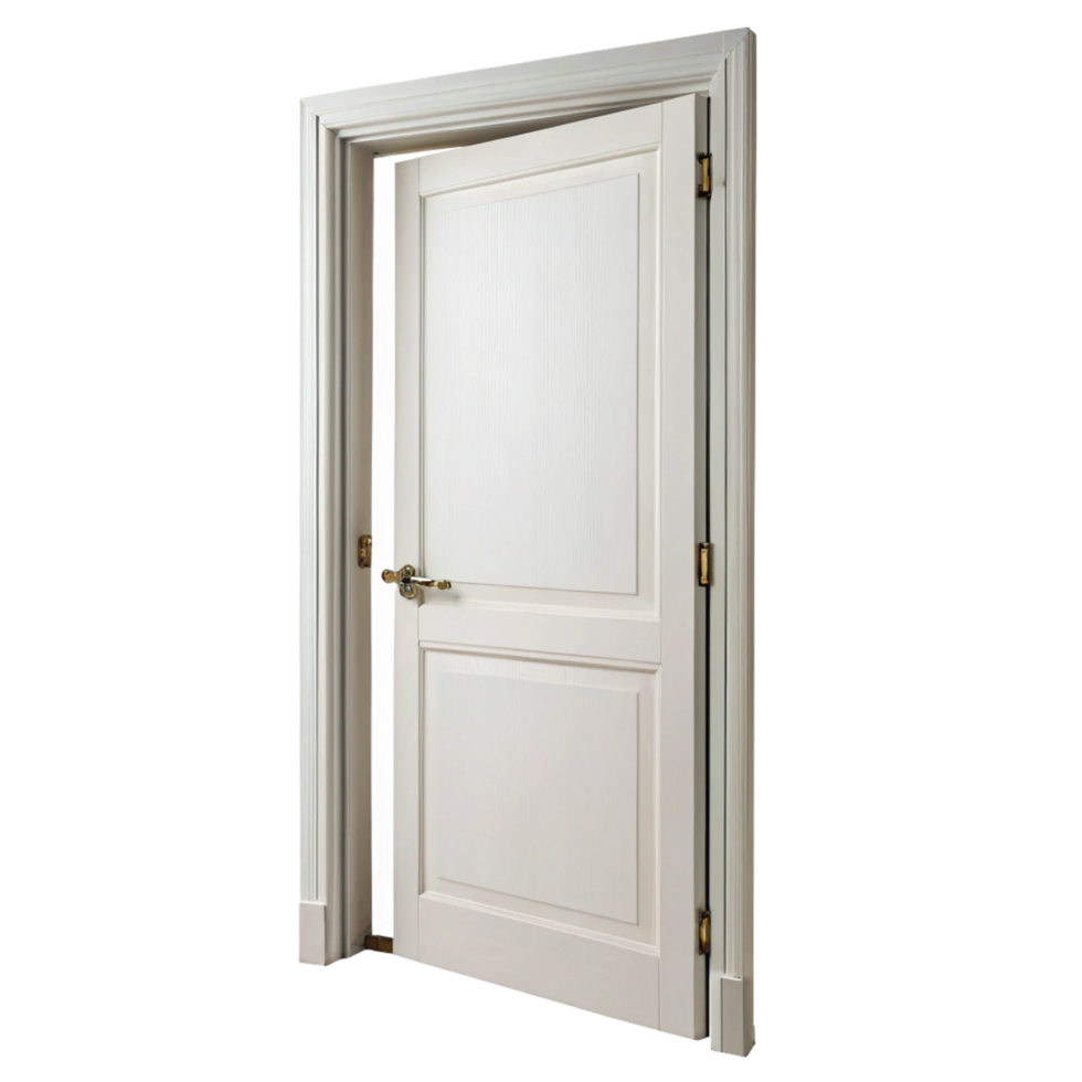 Elegant White Interior Door Ajar Partially Open Showing Intricate Details and Brass Hardware png
