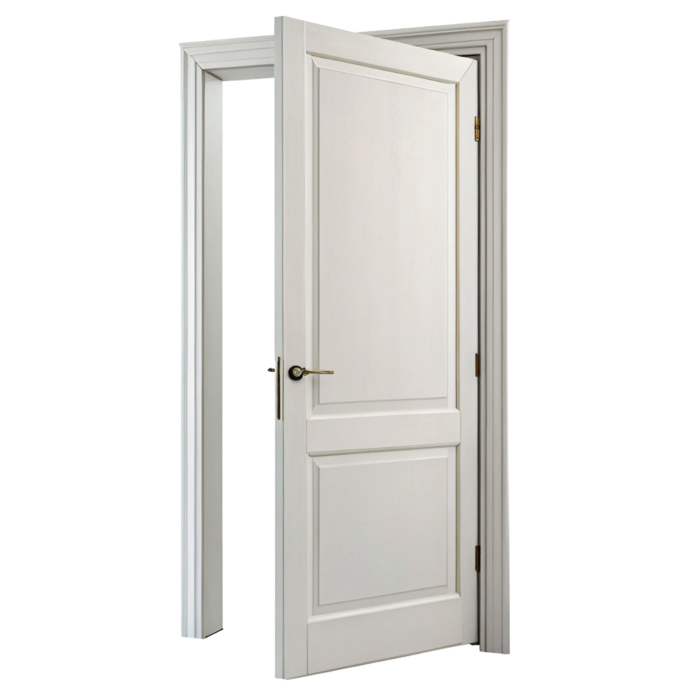 Elegant White Interior Door Ajar Showing Intricate Paneling and Brass Hardware png