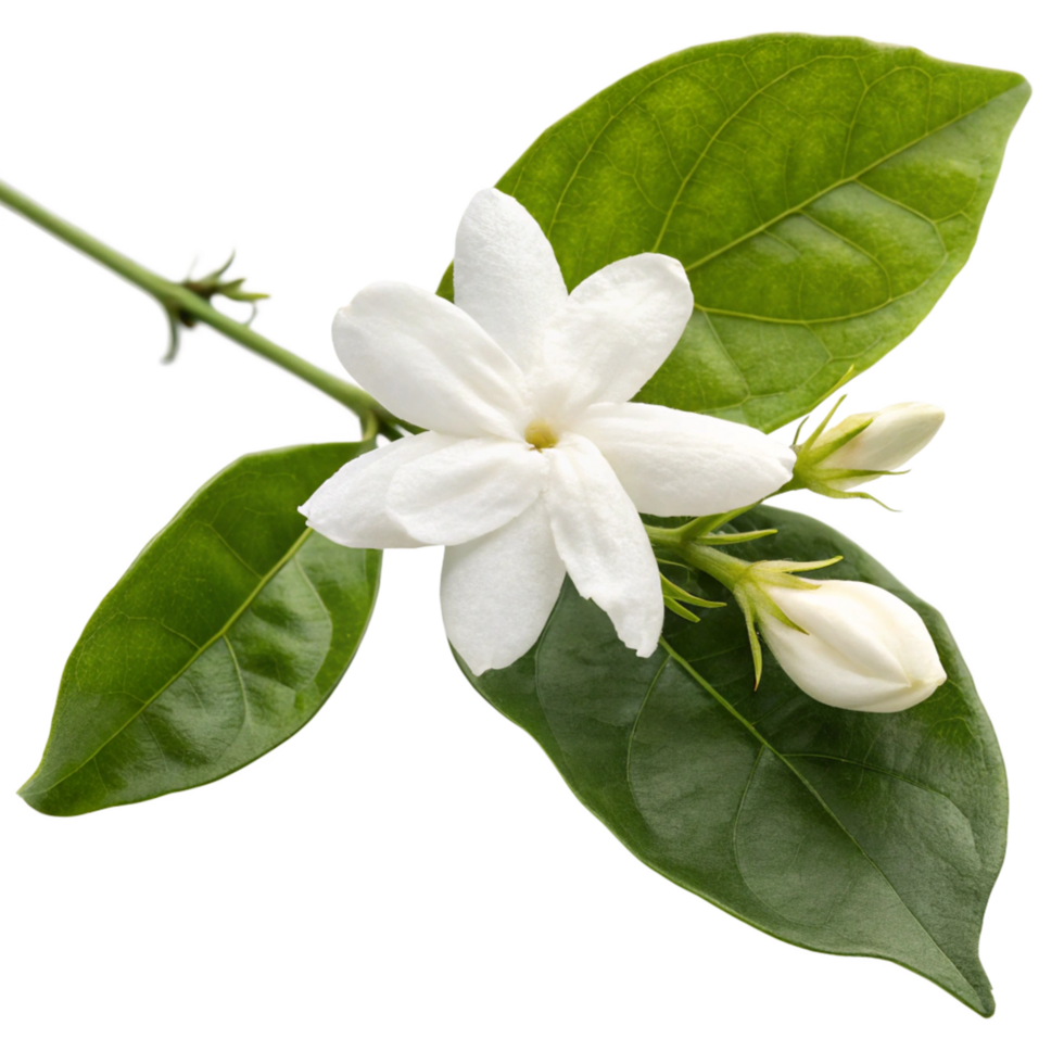 Closeup of a Jasmine Flower with Buds and Green Leaves on a Black Background png