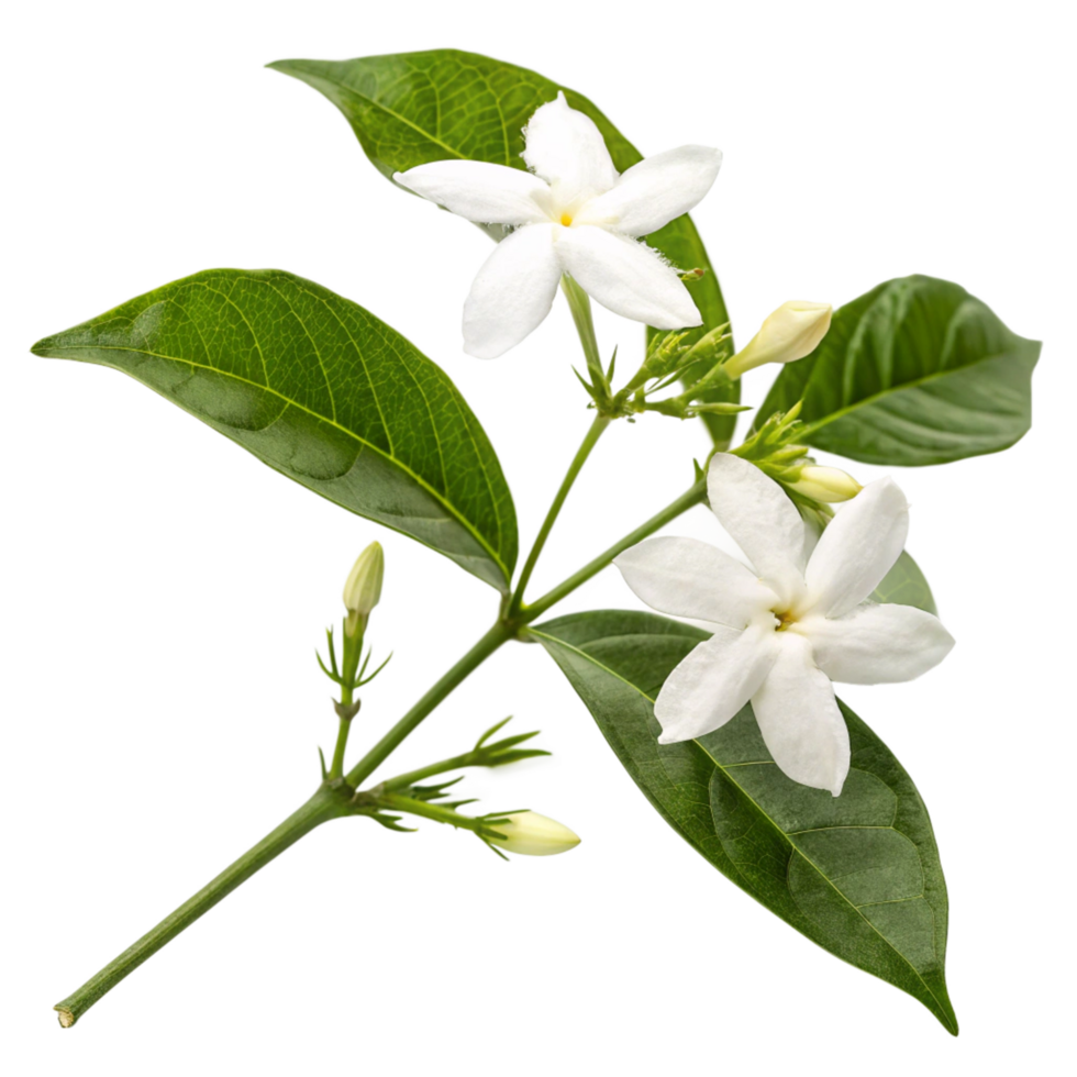 Closeup of a Jasmine Branch with Delicate White Blossoms and Lush Green Leaves png