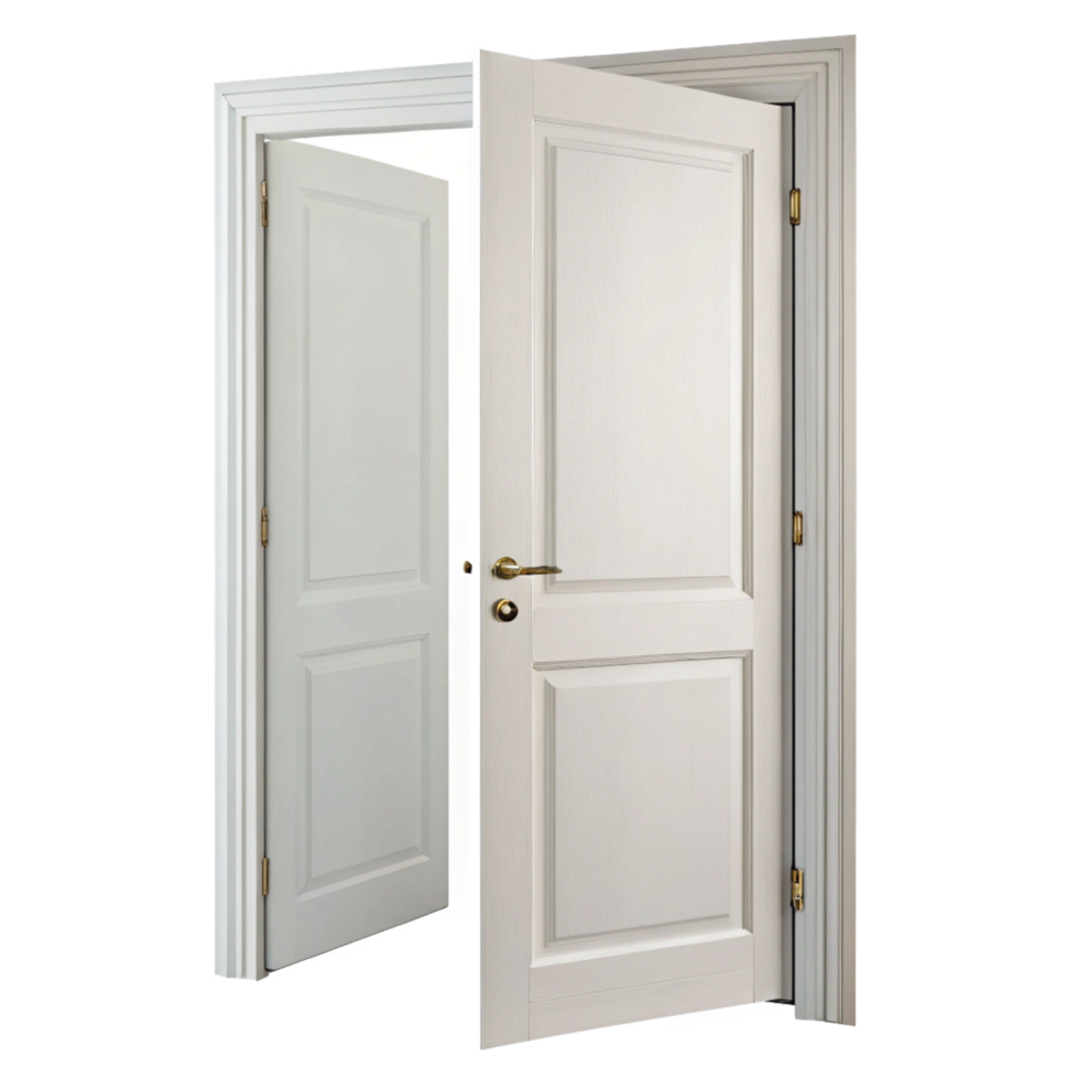 Elegant White Interior Door Ajar Showing Intricate Paneling and Gold Hardware png