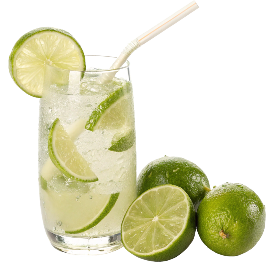 Refreshing Lime Drink with Ice and Straw in Glass and Limes png