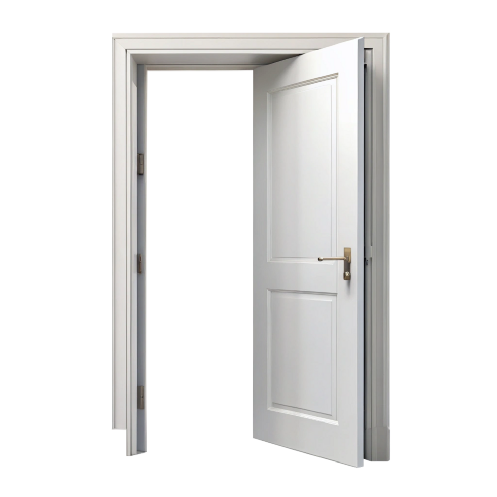 A pristine white interior door ajar revealing a dark background, showcasing elegant design and craftsmanship png