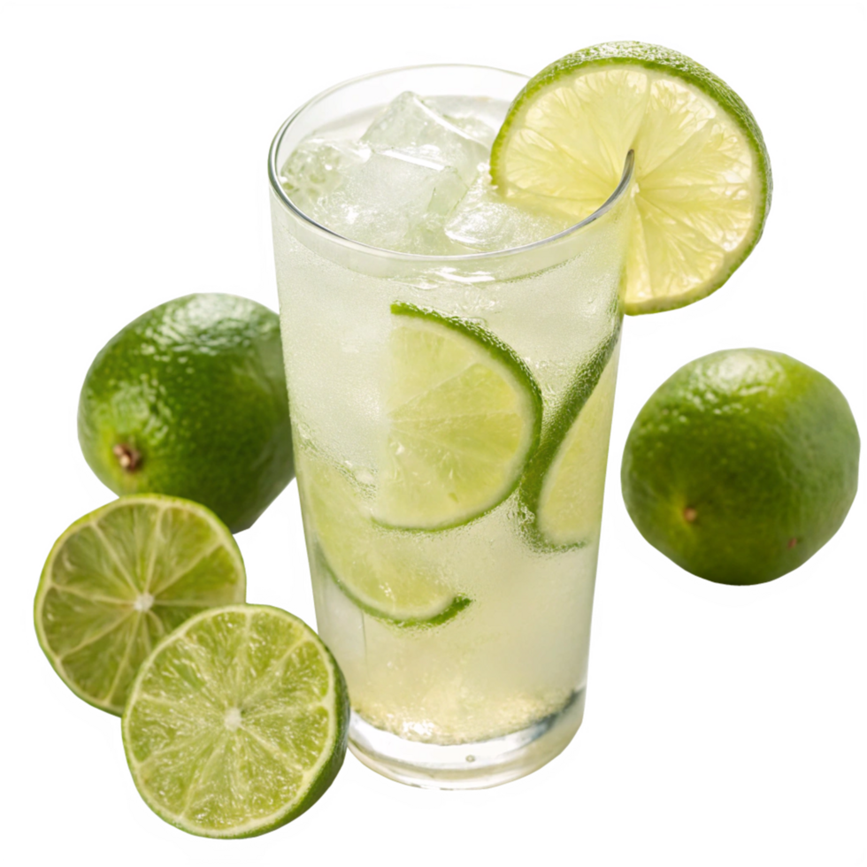 Lime Drink with Ice Cubes and Lime Wedges in Tall Glass png