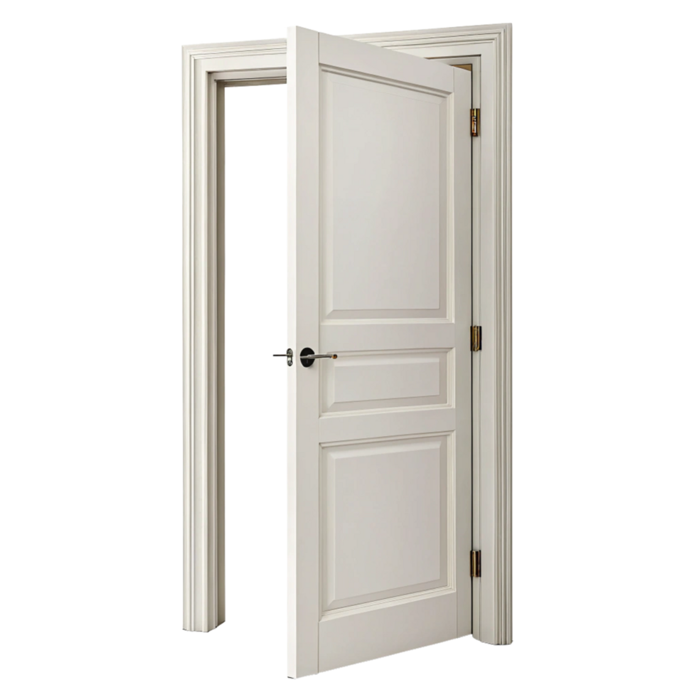 Elegant White Interior Door Ajar Showing Intricate Paneling and Classic Design png
