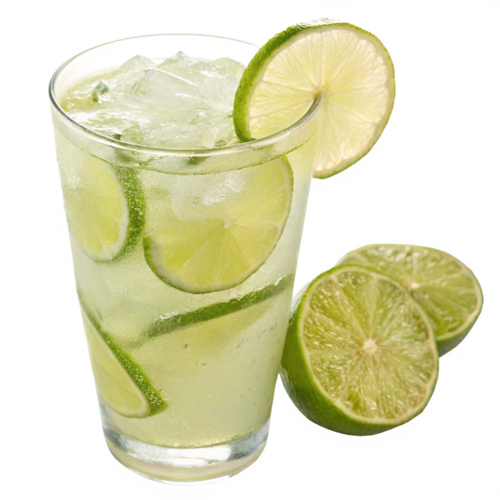 Refreshing Lime Drink with Ice Cubes and Lime Wedges in Tall Glass png