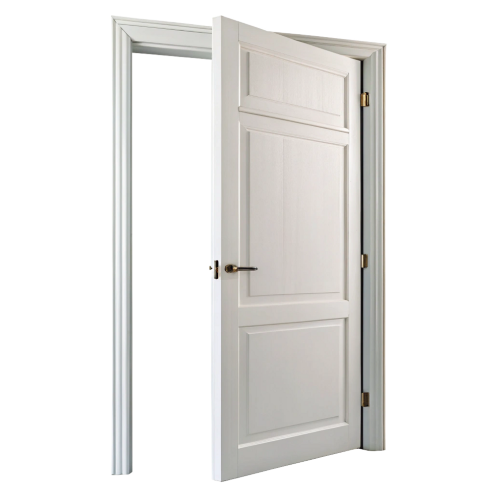 Ajar White Interior Door with Raised Panels and Brass Hardware png