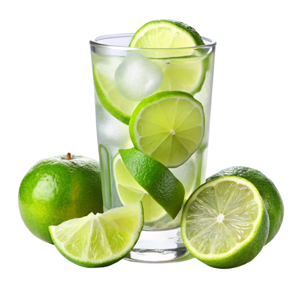 Refreshing Lime Drink with Ice Cubes and Fresh Limes png