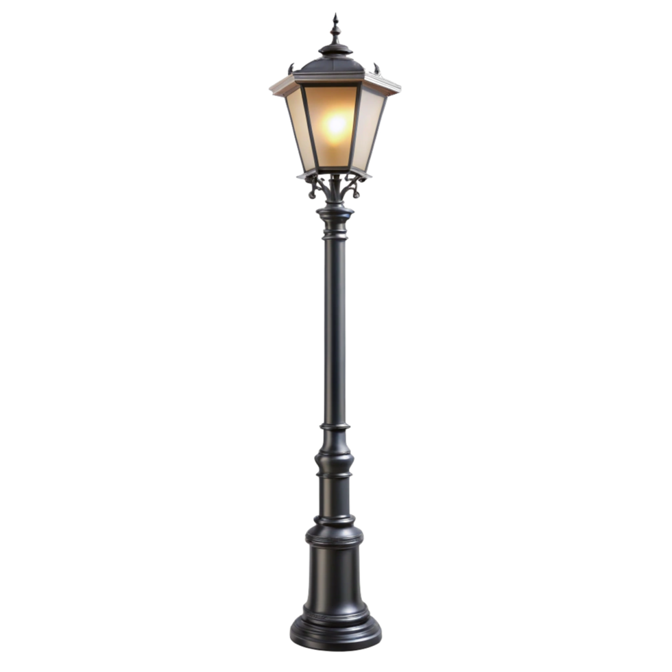 Elegant Black Traditional Style Outdoor Lamp Post with Illuminated Glass Lantern png