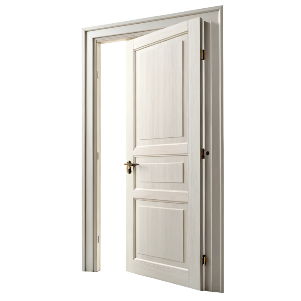 Elegant offwhite interior door ajar showcasing detailed paneling and golden hardware png