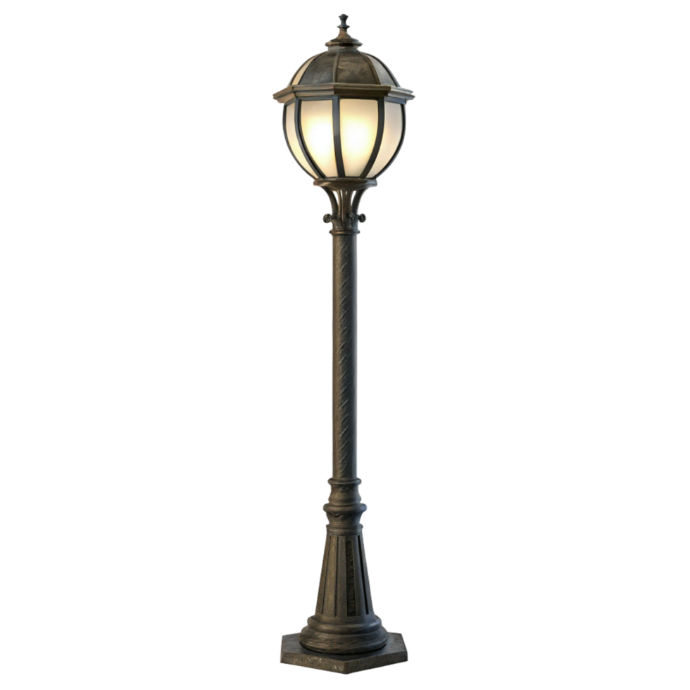 Elegant Victorian Style Outdoor Lamp Post with Ornate Details and Illuminated Globe png