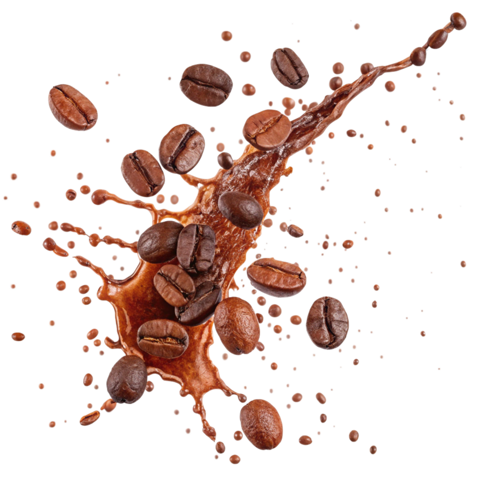 Coffee Beans Splashing and Flying in Air with Coffee Liquid png