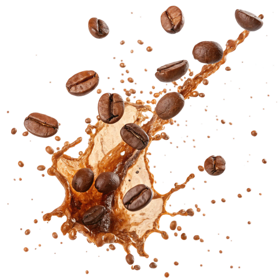 Coffee Beans Splashing in Brown Liquid Dynamic Motion Photography png