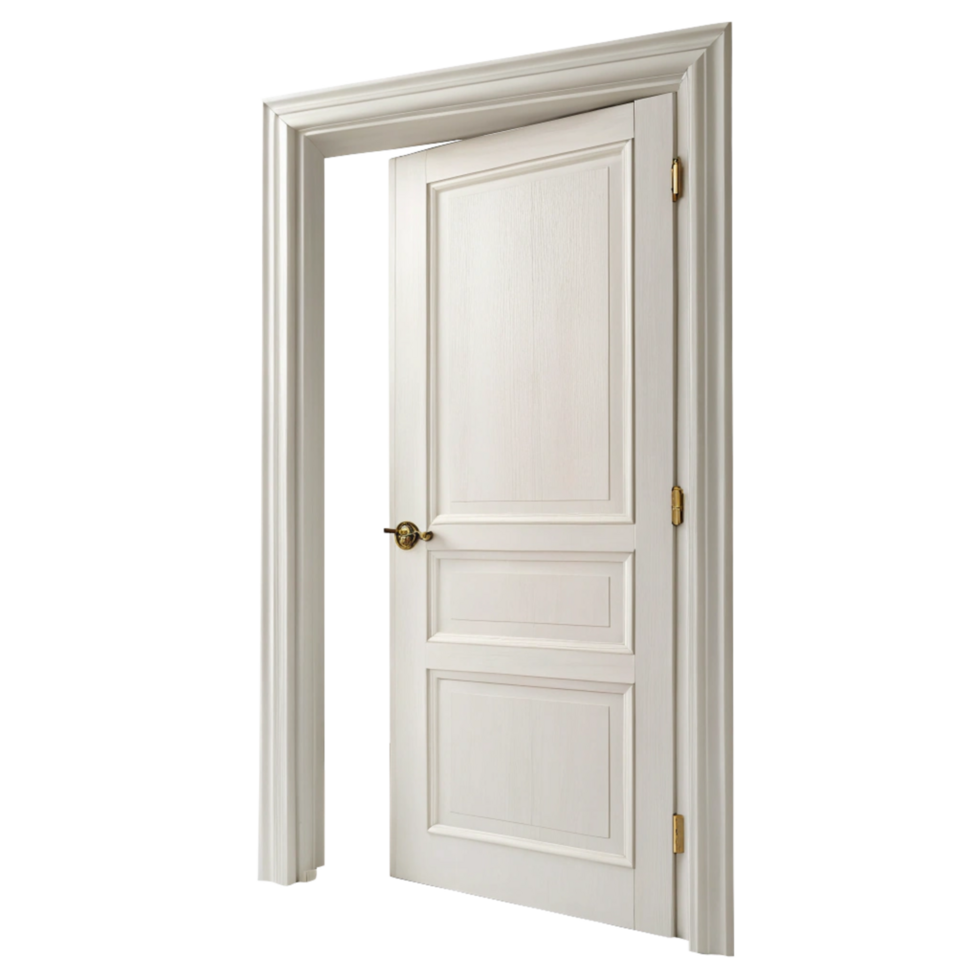Elegant White Interior Door Ajar Slightly Open Showing Off Classic Paneling and Brass Hardware png