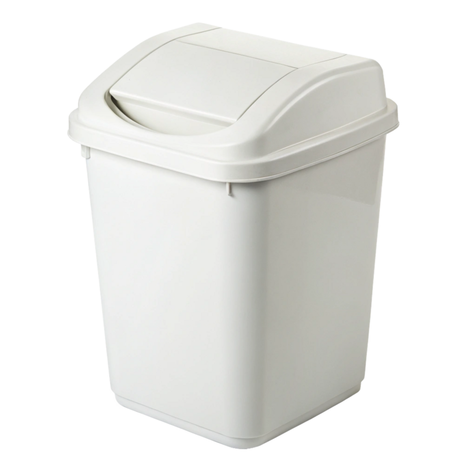 A sleek offwhite plastic rectangular step trash can with a flip top lid png