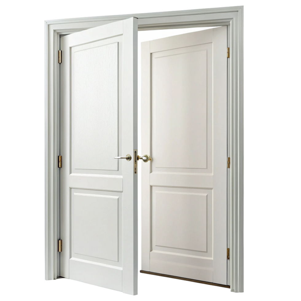 A pair of elegant white interior doors slightly ajar revealing a glimpse of the room beyond png
