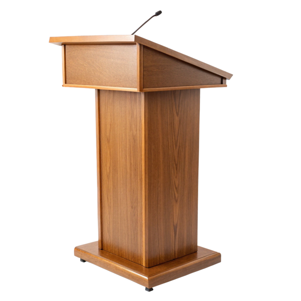 Elegant Wooden Lectern with Integrated Microphone for Presentations and Speeches png