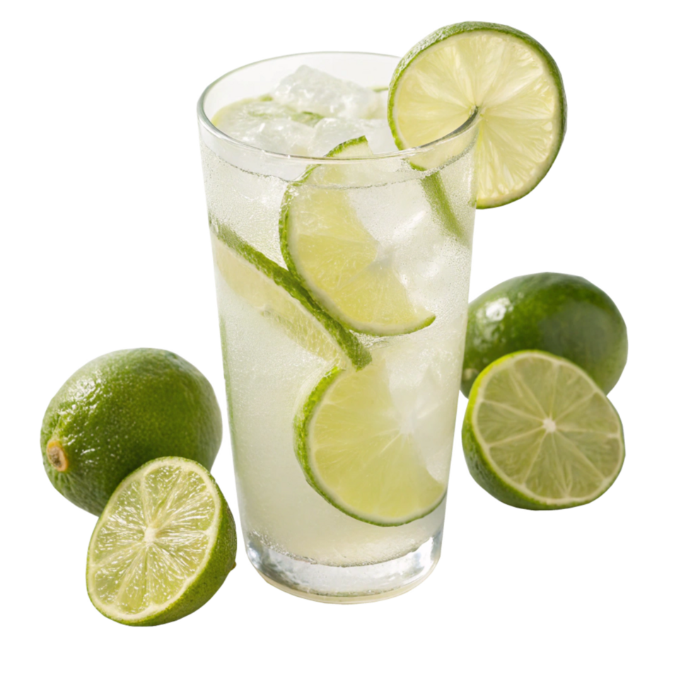Refreshing Lime Drink with Ice and Lime Wedges in a Tall Glass png