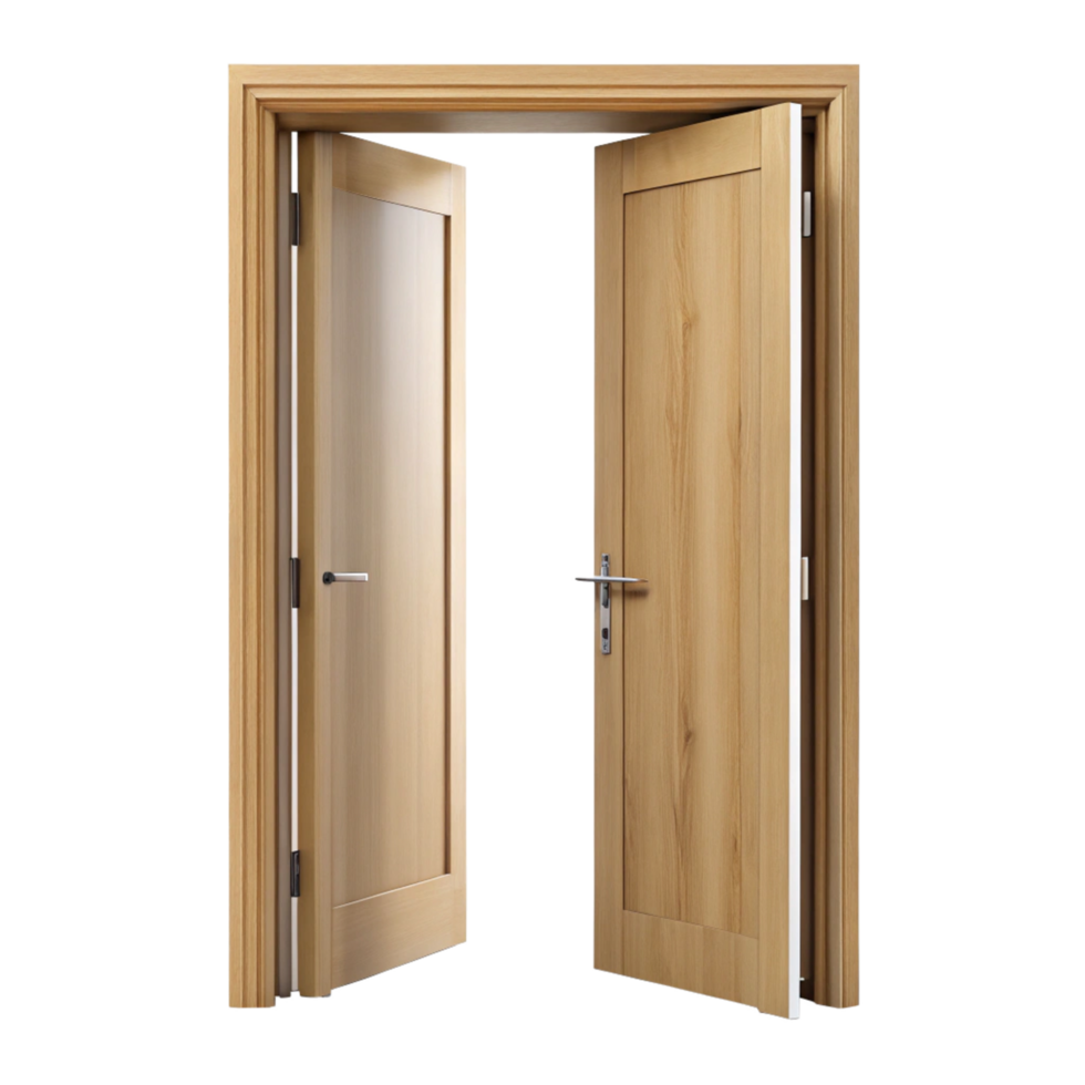 Pair of Light Wood Interior Doors Open on Black Background Showing Modern Design and Clean Lines png
