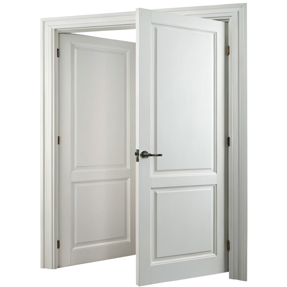 Elegant White Double Door with Raised Panel Design Partially Open Revealing Interior Room png