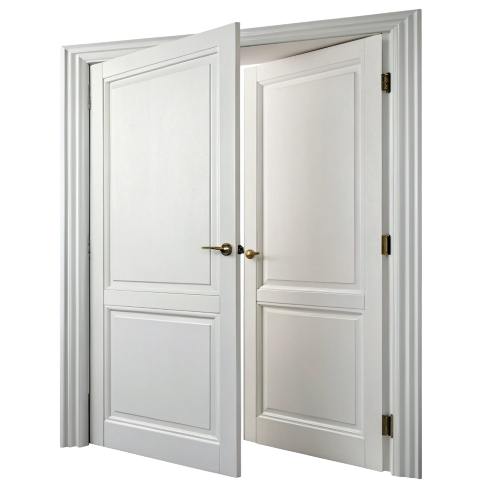 Elegant White Double Door Interior Design with Classic Paneling and Brass Hardware png