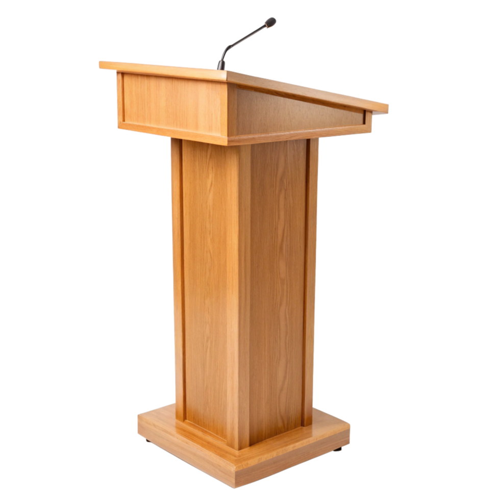 Modern Wooden Lectern Podium with Microphone for Presentations and Speeches png
