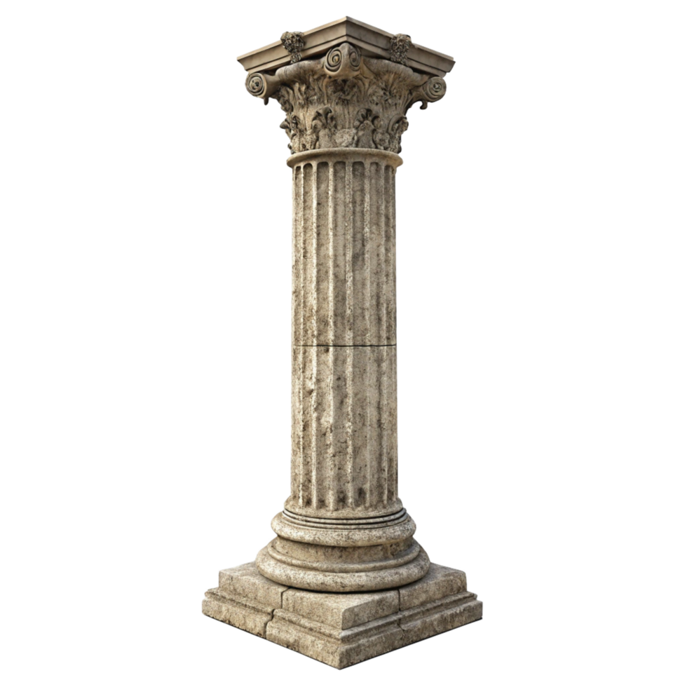 A weathered stone column with intricate Corinthian capital and square base isolated on black background png