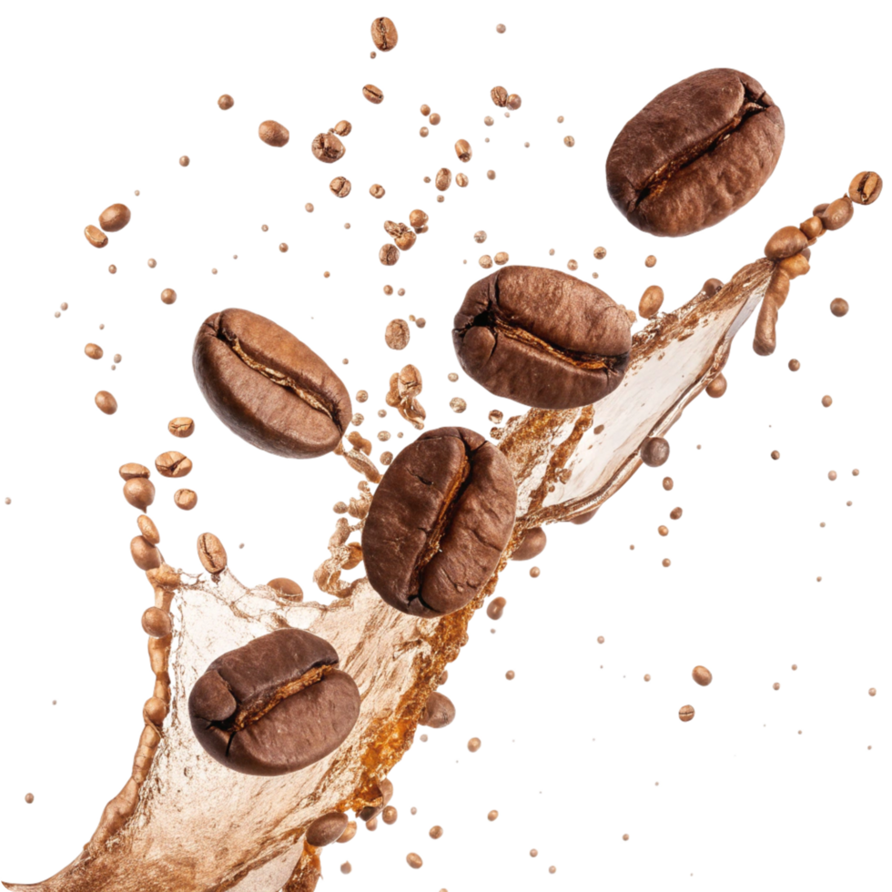 Coffee Beans Splashing in Brown Liquid Dynamic Motion Energy Burst png