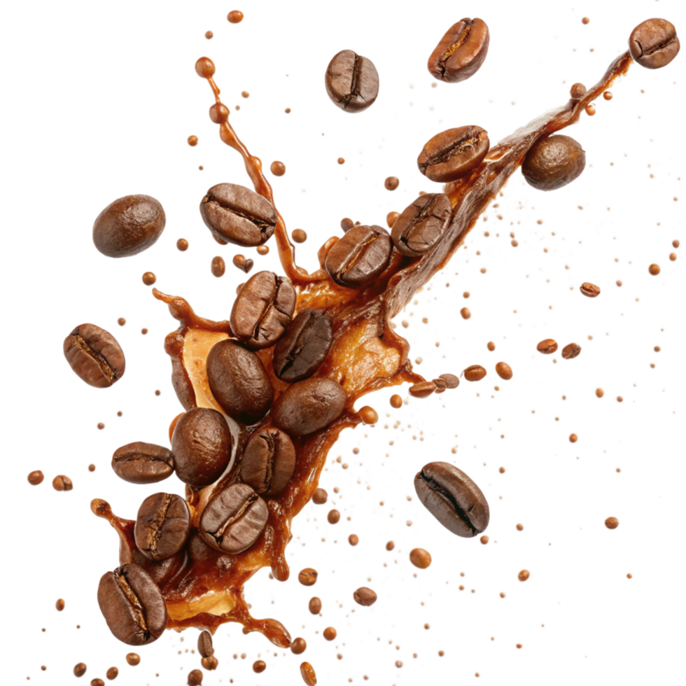 Dynamic Splash of Coffee Beans and Brew A Stunning Visual of Roasted Coffee Beans Suspended in Motion png