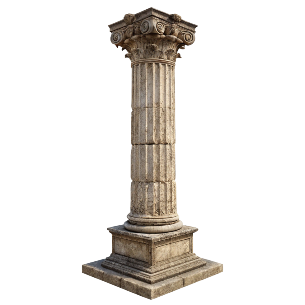 Ancient Greek Style Stone Column with Ionic Capital on Square Base Isolated on Black Background png