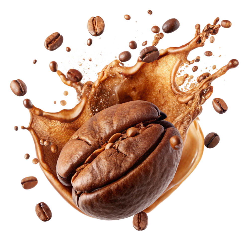 Roasted Coffee Bean Splashing into Coffee Liquid with Many Coffee Beans png