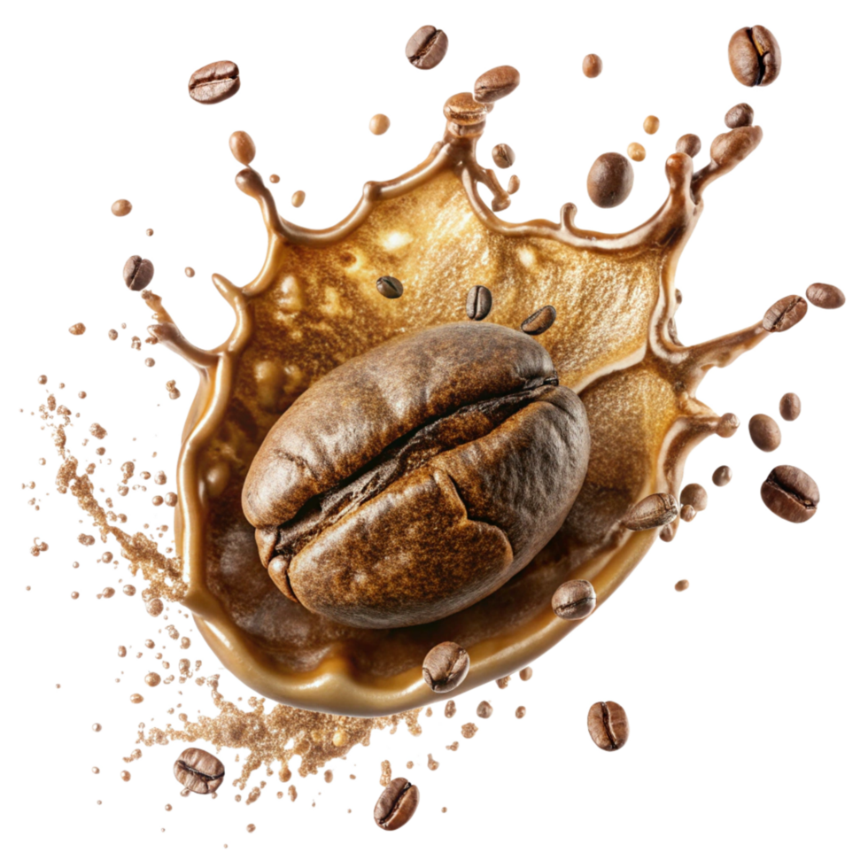 Roasted Coffee Bean Splashing in Coffee Drink with Many Coffee Beans png