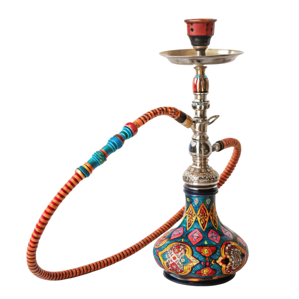 Vibrant HandPainted Hookah with Ornate Design and Colorful Hose png