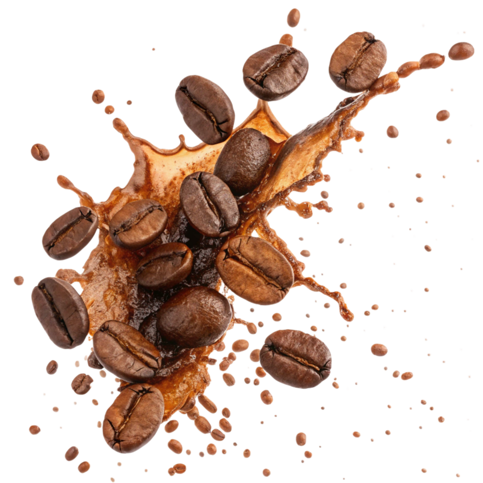 Roasted Coffee Beans Splashing and Flying in Air with Coffee Liquid png