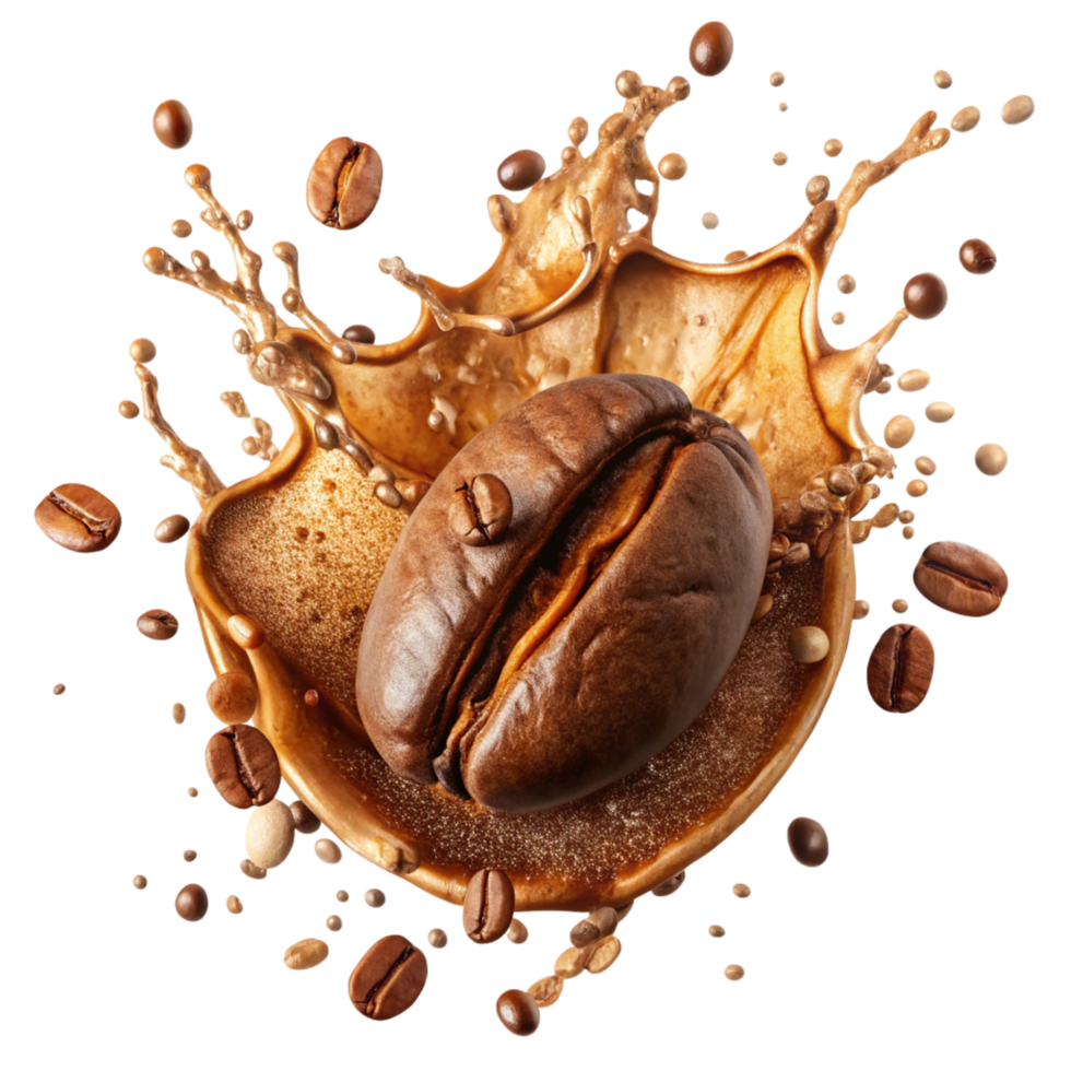 Roasted Coffee Bean Splashing in Rich Brown Coffee Liquid png