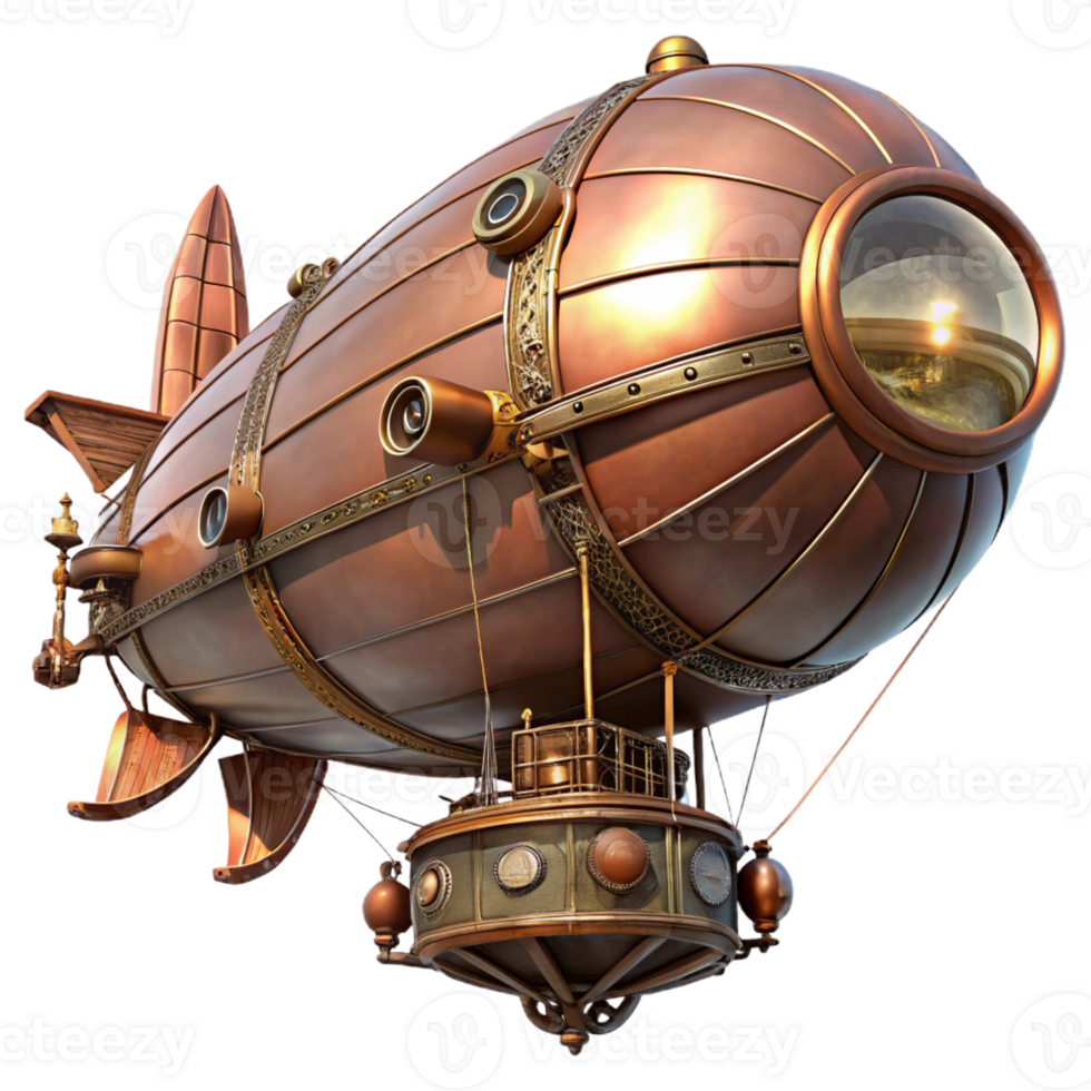 magnificent artistic A majestic steampunk airship with copper plating, intricate gearwork, and billowing steam, soaring through a twilight sky, rendered in a detailed, painterly style high resolution png