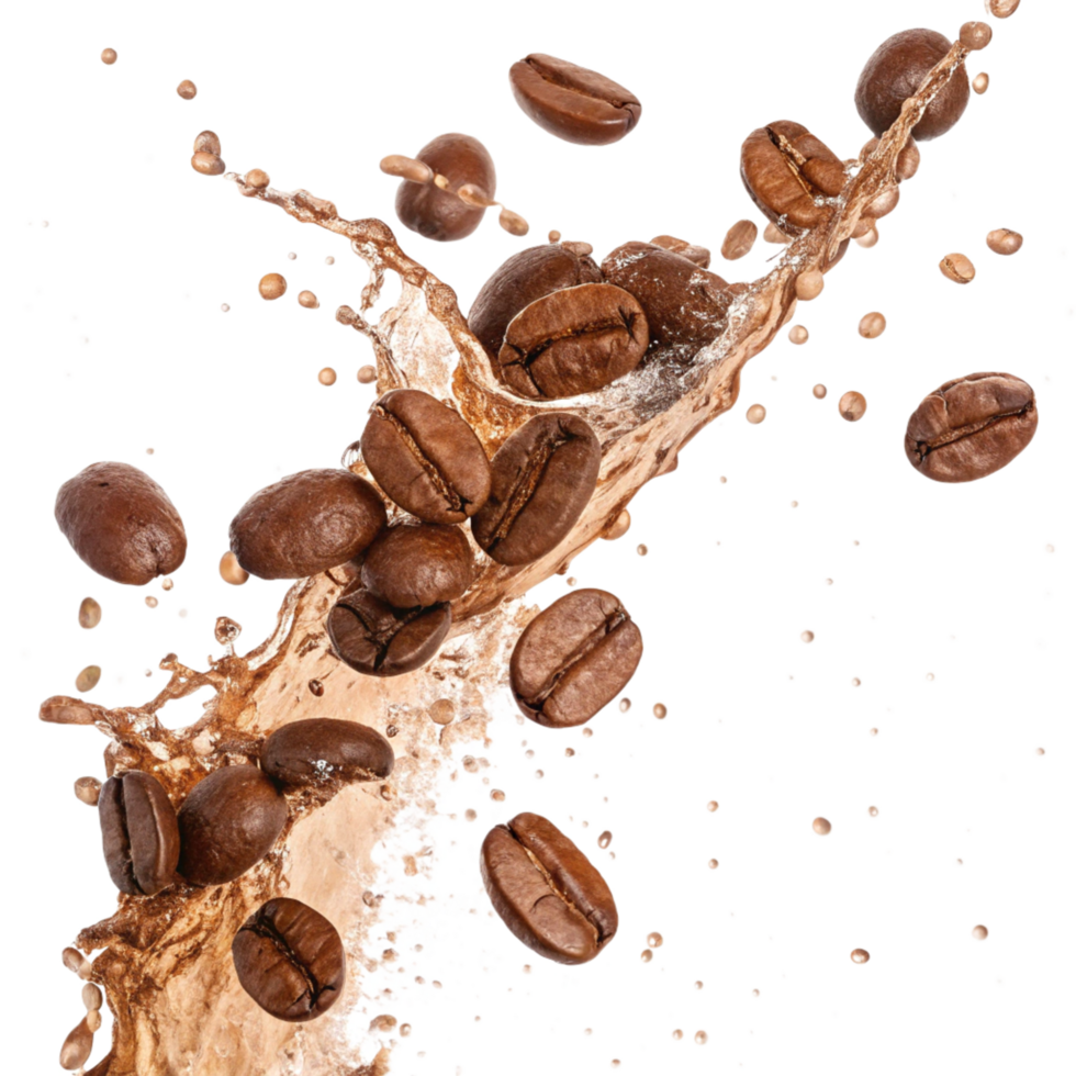 Coffee Beans Splashing in Brown Liquid Dynamic Image with Roasted Coffee Beans png