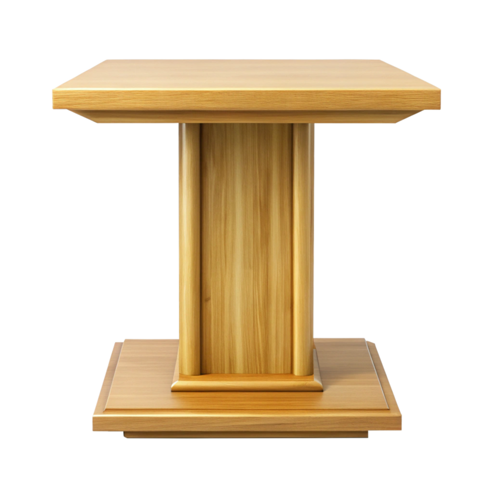 Elegant Light Brown Wooden Table with Square Top and Thick Pedestal Base png