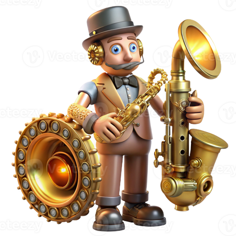 beautiful creative A steampunk automaton musician playing a brass saxophone, with intricate gears and polished copper tubing, lit by stage spotlights exclusive png