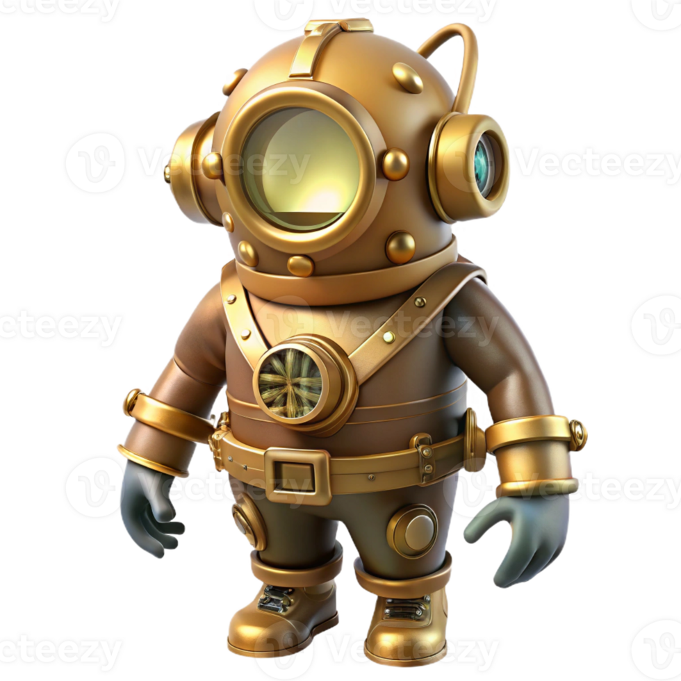 beautiful vintage A steampunk diver in a brass diving suit with large glass portholes and intricate pressure gauges, exploring a coral reef, lit by underwater spotlights original png